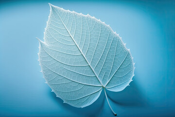 frozen leaf isolated on blue background. Generative AI