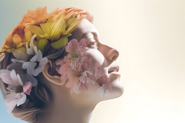 Portrait of young beautiful woman with double exposure combined with spring flowers in full profile in sunlight. Generative AI