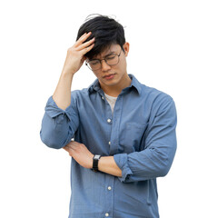 close up young asian man massage on head after feel stress symptom or migraine  for unhealthy...