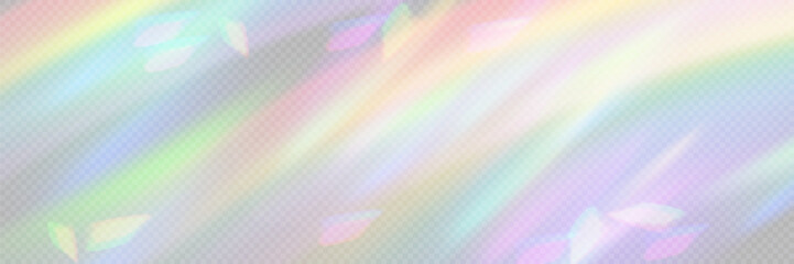 Rainbow light prism effect, transparent background. Hologram reflection, crystal flare leak shadow overlay. Vector illustration of abstract blurred iridescent light backdrop.