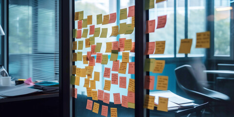 Sticky notes on glass wall in the office for business brainstorming concept. Generative Ai - 584759490
