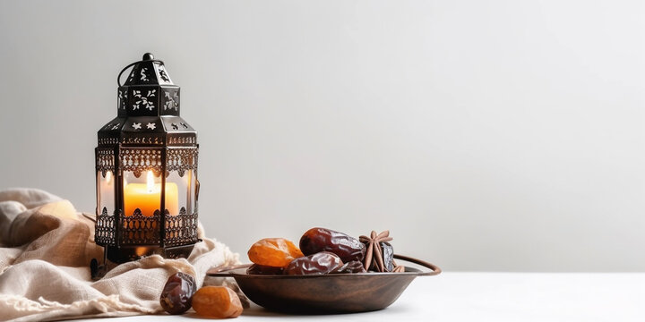 lanterns and dates, for Ramadan and Muslim celebrations, dark background with space for text