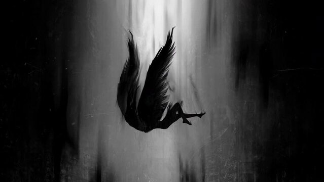 The angel Lucifer, exiled from paradise, falls from heaven, unable to fly on his broken black wings anymore, black silhouettes of people fall with him into the black abyss approaching 2d animation art
