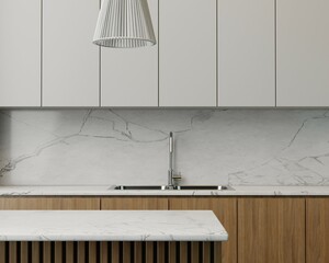 White marble kitchen tabletop with empty space for your product display over beautiful white and wood kitchen room background. 3d render, 3d illustration