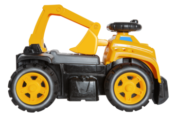 Plastic toy wheel excavator with four black wheels, a small blue window and a big yellow bucket on a transparent background png