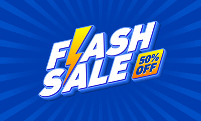 Flash Sale 50% off Logo Concept with thunderbolt. Discount Poster, Shopping Greeting Card, Placard, Design, Template, Banner, Icon, Unit, Label, Web Header, Mnemonic, social media, website, promotion