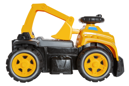 Plastic toy wheel excavator with four black wheels, a small blue window and a big yellow bucket on a transparent background png