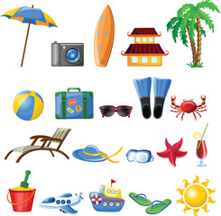 Beach stuff for summer travel set. Vacation accessories for sea holidays. Female items. Tourists objects bundle, suitcases, bags, bikini, map. Flat vector illustrations