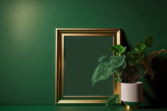 Beautiful golden green picture frame mockup against sleek green wall, created with generative ai