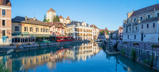 Fototapeta na wymiar ANNECY, FRANCE - JULY 10, 2022: The old town in the morning light.;