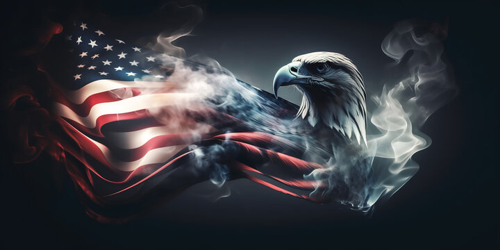 patriotic banner with an eagle in front of the American flag. Generative AI