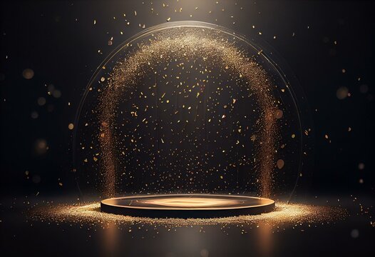 golden confetti rain on festive stage with light beam in the middle, empty room at night mockup with copy space  for award ceremony, jubilee, New Year's party or product presentations. Generative AI