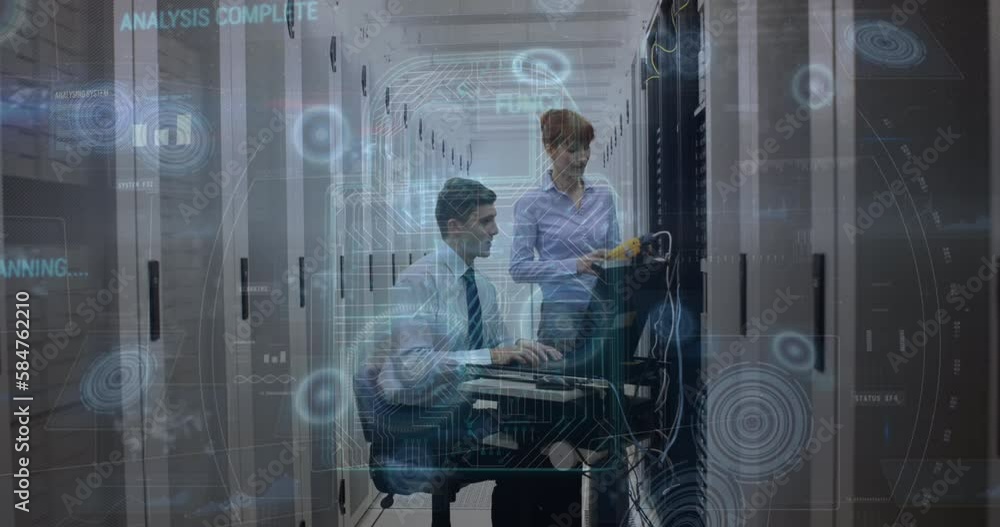 Poster animation of data processing over two caucasian server room workers