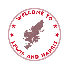 Welcome to Lewis and Harris stamp. Grunge island round stamp with texture in Splatter Movie color theme. Vintage style geometric Lewis and Harris seal. Superb vector illustration.