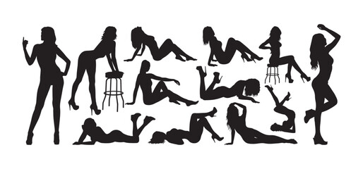 Group sexy women in various poses silhouette vector set.