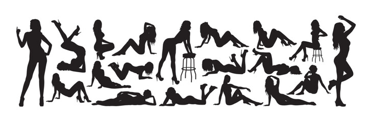 Sexy erotic woman different poses silhouette vector set.