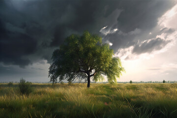 Naklejka na ściany i meble A lone tree waiting the storm night, nature, landscapes, Generative AI