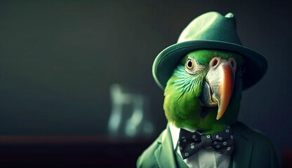 Green parrot gentleman and boss in a hat, suit and tie. Banner header. AI generated.