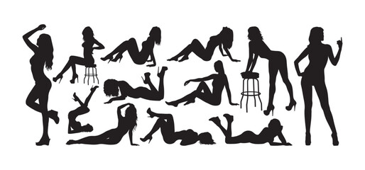Sexy women posing striptease silhouette set.
