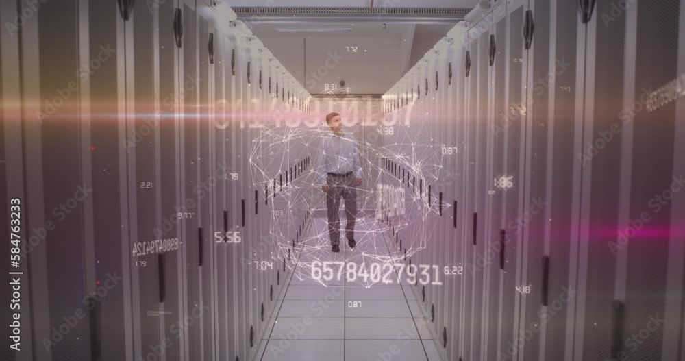 Poster animation of data processing over caucasian server room worker