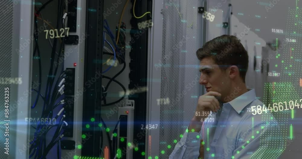 Poster animation of data processing over caucasian server room worker