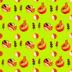 Chinese food seamless pattern. Hand drawn different types of asian food in wooden steamers repeating background. Tasty chinese food, delicious har gao, sticky rice, rolls.
