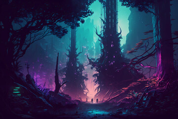 Fototapeta na wymiar Cyberpunk forest 4k futuristic neon forest, Generative AI