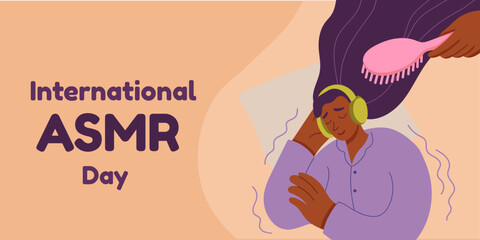 International ASMR day. Young woman wearing headphones with closed eyes listens brushing hair sound. Concept of using ASMR content to relax for a restful sleep.