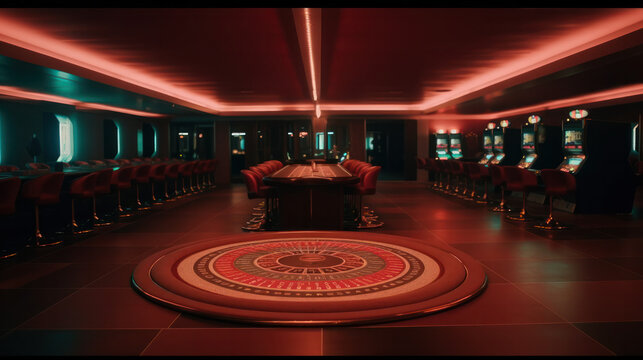 Interior design of an empty casino hall with slot machines and roulette. Generative AI