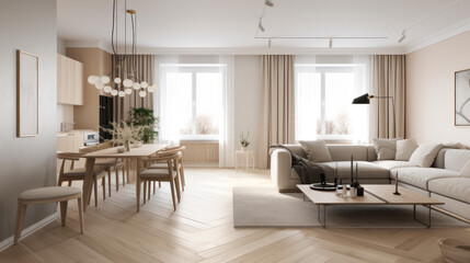 Modern white studio interior design of a living room with large windows. Generative AI