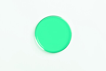 Petri dish with green liquid. On a white, light background. View from above.