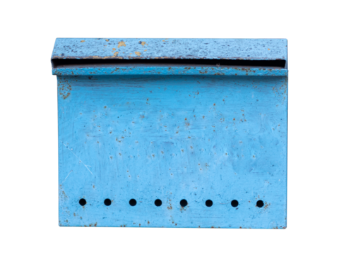 Old abandoned blue metal mailbox is isolated on white background.