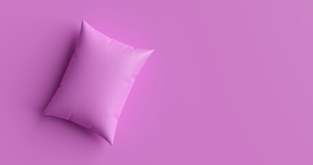 Rectangular fluffy soft pillow on a simple solid pink background, 3d rendering