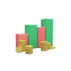 Business line bar pie chart with coins. 3d render, stock exchange market crypto, forex, gold and buy sell sign. online analysis for investment. For web, ux, ui, png