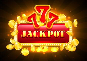 Jackpot. The inscription Jackpot on a red background with a gold frame, paws and gold coins.