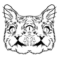 Black mystic face cat three eyes witch tattoo icon flat vector design.