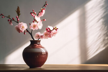 Fresh sakura cherry blossom bouquet flowers in vase, modern japan house backgound. Generative AI