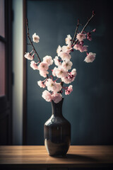 Fresh sakura cherry blossom bouquet flowers in vase, modern japan house backgound. Generative AI