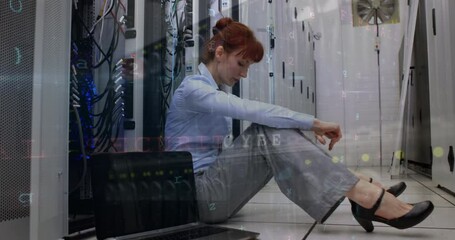 Animation of cyber crime and caucasian woman sitting in server room - Powered by Adobe