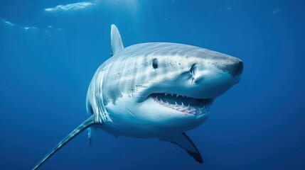 Fototapeta premium Great white shark swimming underwater deep in the sea ocean. Generative AI