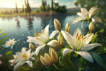 White lily flowers bloom by the river beautiful nature flower landscape illustration Generative AI