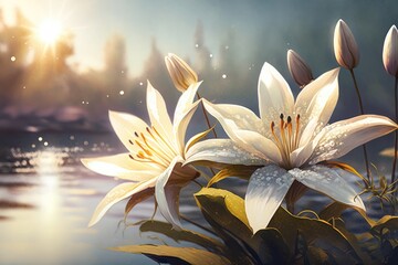 White lily flowers bloom by the river beautiful nature flower landscape illustration Generative AI