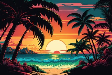 Beach beautiful palm sea sunset, ocean summer colorful retro landscape illustration Generative AI