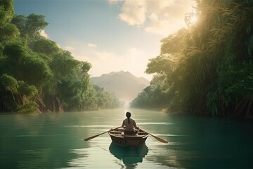 Naklejka na ściany i meble A man floats in a boat on the river among of the rainforest, Beautiful jungle nature realistic background wallpaper illustration Generative AI