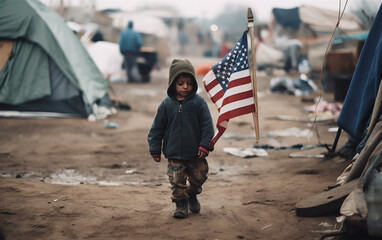 Little boy walking past tents in a refugee camp with an American flag, depicting hopes of a better life. - obrazy, fototapety, plakaty