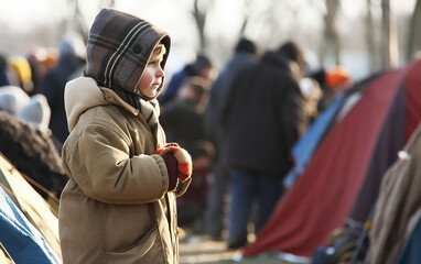 Young boy in winter gear stands in a refugee camp setting, representing the plight of children in migration crises.
