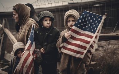 A family of refugees holding American flags, representing their aspirations and the immigration dilemma.