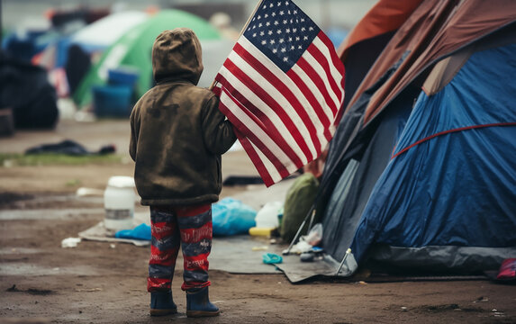 Young child holding an American flag amidst tents, highlighting the hope amidst refugee adversity.