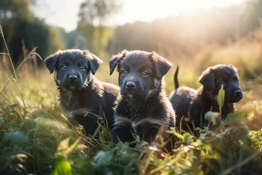 Drei süsse Hunde Welpen sitzen ihm Feld ihm hohen Grass beim Sonnenuntergang mit blauen Himmel mit Sonnenblende,  Generate Ai