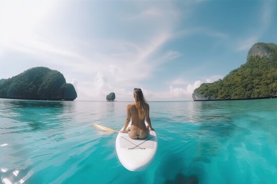 girl on a sapboard thailand tropical islands woman view from the back swimming tourism sea travel generative ai